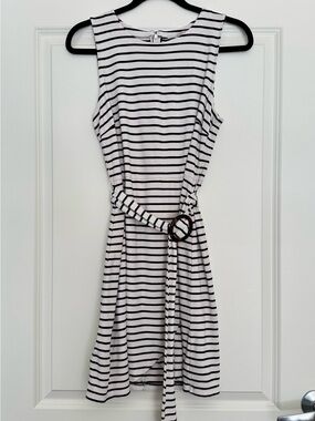 LOFT Black and White Sleeveless Striped Business Casual Dress